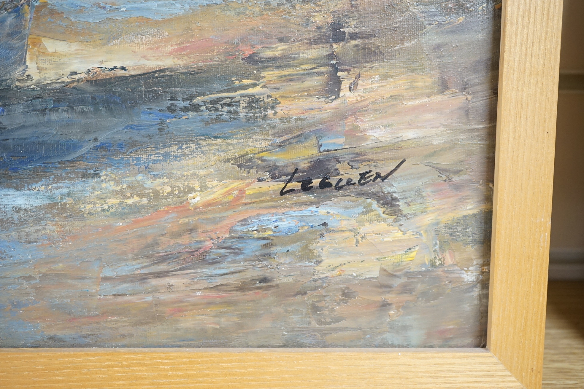 Jean LeGuen (French, 20th. C), oil on canvas, Brittany coastal scene with cottages, signed, 49 x 58cm. Condition - good